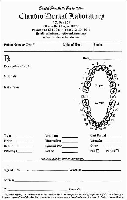 Claudio Dental Lab RX Prescription